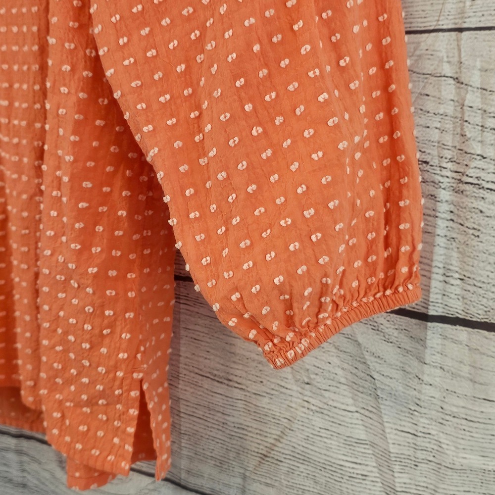 LOFT S Small Coral Swiss Dot 3/4 Sleeve Drawstring V-Neck Shirt L737 - Picture 4 of 6